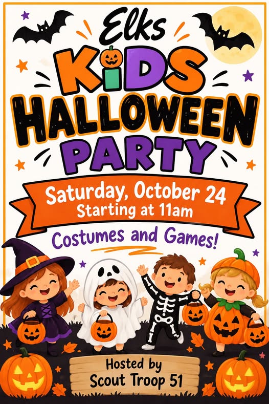 Kids Halloween party flyer for Saturday, October 24, with costumes and games