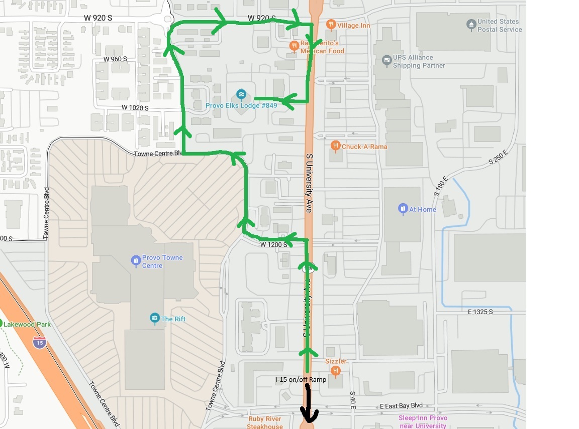 Map showing directions to Provo Elks Lodge 849